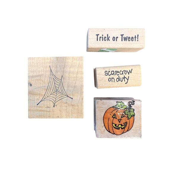 4 Vtg Misc Wood Mounted Rubber Stamps Halloween and Fall design - Picture 2 of 8